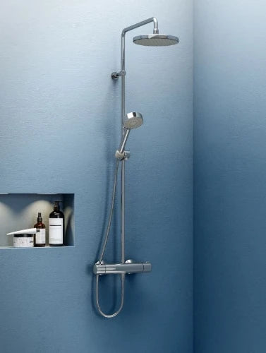 Hansa Hansamicra set de douche thermostatique – chromé – Thermostat de douche Micra – Pomme de douche ronde 200 mm – Douchette à main – Flexible de douche 1/2" x 1750 mm
