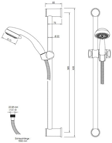 Procasa C50 set de douche 600 mm - douchette 3 jets (8 l/m) - flexible 1600 mm - chromé