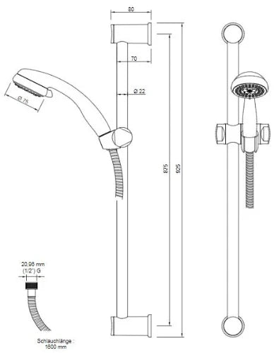 Procasa C50 set de douche 900 mm - douchette 3 jets (8 l/m) - flexible 1600 mm - chromé