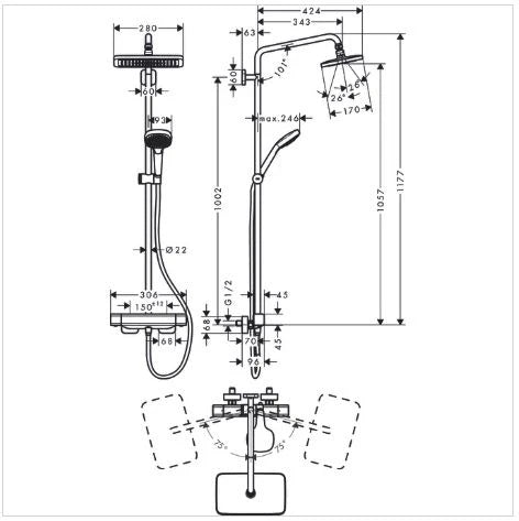 Hansgrohe Showerpipe colonne de douche Showerpipe Croma e chromé thermostat-douche de tête 280mm-douchette
