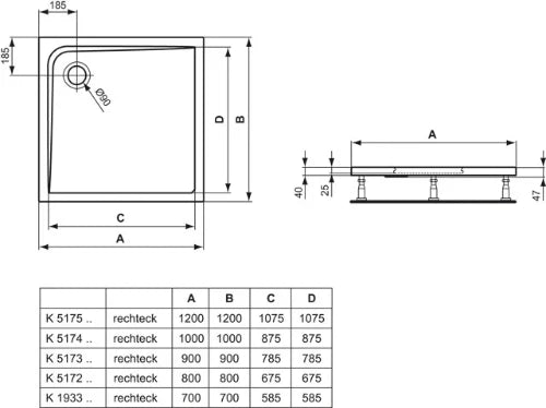 Ideal Standard Ultra Light receveur de douche acrylique 800 x 800 x 47 mm - blanc - écoulement 90 mm
