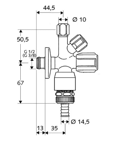 Schell Comfort robinet d'arrêt combi 1/2 x 3/4 x 10 mm - chromé - agréé Belgaqua - avec clapet anti-retour / aérateur et raccordement machine à laver/lave-vaisselle