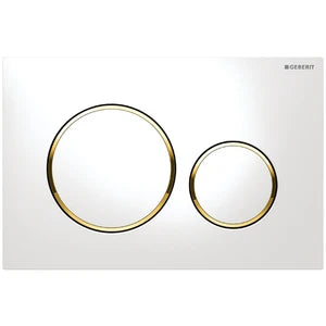 PLAQUE DE COMMANDE TOILETTE GEBERIT SIGMA 20 blanc or synthetique reserv. a encastrer 2 boutons de commande - anneau autour plaqué or
