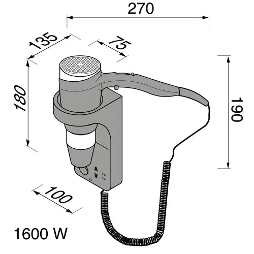 Geesa Hairdryer sèche-cheveux noir/chromé 1600 WATT fixation murale 3 vitesses et prise pour rasoir