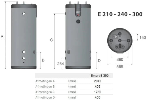 ACV Smart E 300 boiler à accumulation 293 l - sans résistance - inox - bi-énergie - avec groupe de sécurité - vertical - model à poser au sol - label ERP sanitairee: B