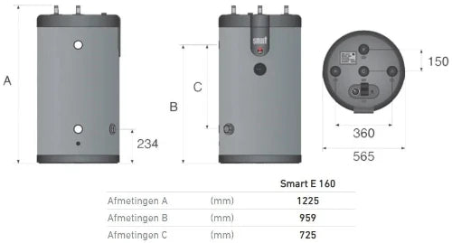 ACV Smart E 160 boiler à accumulation 161 l - sans résistance - inox - bi-énergie - avec groupe de sécurité - vertical - model à poser au sol - label ERP sanitairee: B