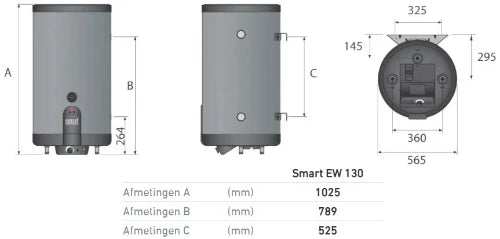 ACV Smart EW 130 boiler à accumulation 130 l - avec résistance 2200 W - inox - avec groupe de sécurité - vertical - model mural - label ERP sanitairee: B