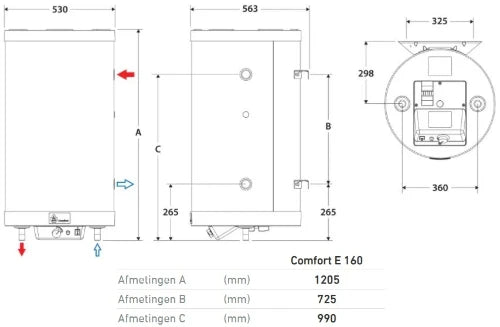 ACV Comfort E 160 boiler à accumulation 161 l - avec résistance 2200 W - inox - avec groupe de sécurité boiler- sans fixation - vertical - modèle mural - Label ERP sanitaire : C