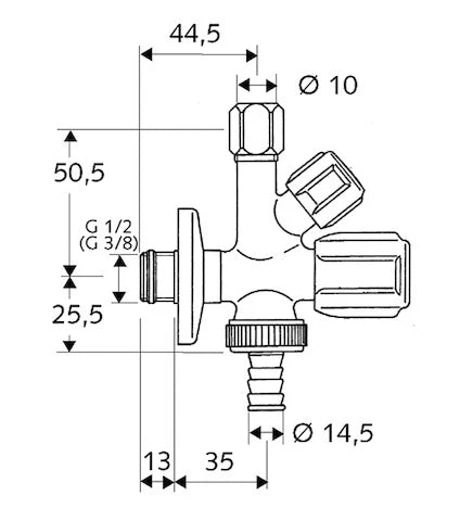 Schell Comfort robinet d'arrêt combi 1/2 x 3/4 x 10 mm - chromé - avec clapet anti-retour et raccordement machine à laver/lave-vaisselle
