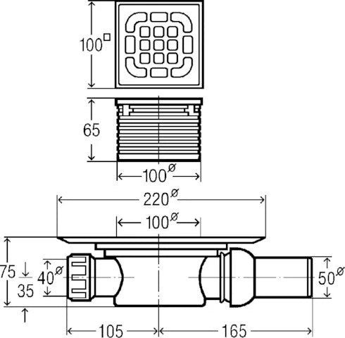 Viega Advantix siphon de sol - horizontal - avec bride de serrage - avec rehausse 100 x 100 - grille inox - garde d'eau 30 mm