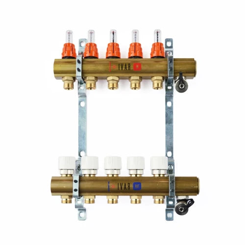 Begetube set collecteur en laiton pour chauffage par le sol avec débitmètres intégrés et vannes de réglage 5/4 - 10 x M24 - supports de suspension 250 mm - avec vannes de remplissage et de purge