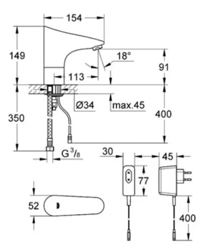 Grohe Europlus E robinet lavabo 1/2 infrarouge chromé sans mélange, écojoy