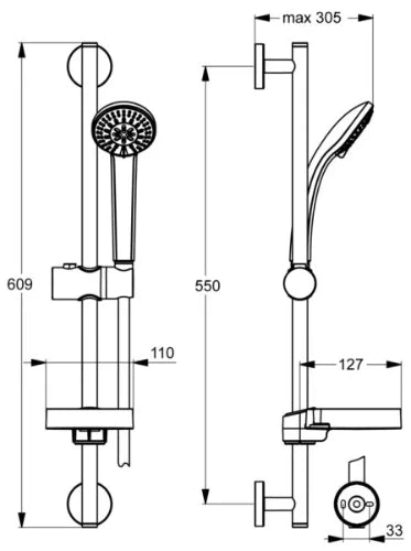 IDEAL STANDARD IdealRain Barre de douche 600 mm avec douchette Ø 80 mm avec 3 fonctions  chromé