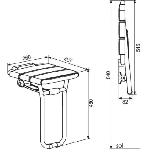 Delabie siège de douche 360 - 407 o 480 ! 25 blanc aluminium . siège relevable alu+pied+larges lattes en PVC