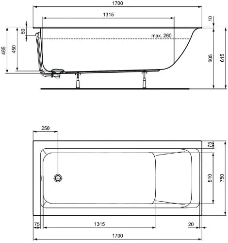 Ideal Standard Connect Air Slim baignoire 1700 x 750 mm - blanc mat - sans pieds