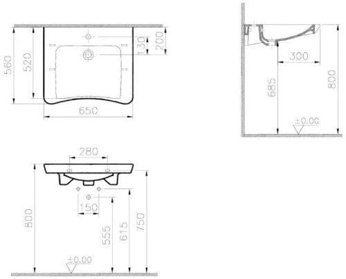 Vitra Conforma Hygiene lavabo pour des personnes handicapées 650 x 560 mm - blanc - avec trou de robinet - sans trop-plein