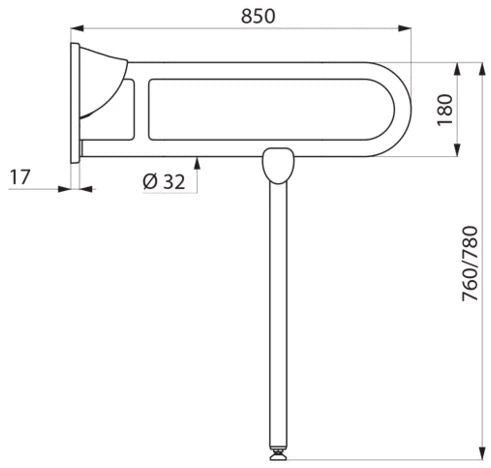 DELABIE opklapbare greep met voet gepolijst 850mm gepolijst