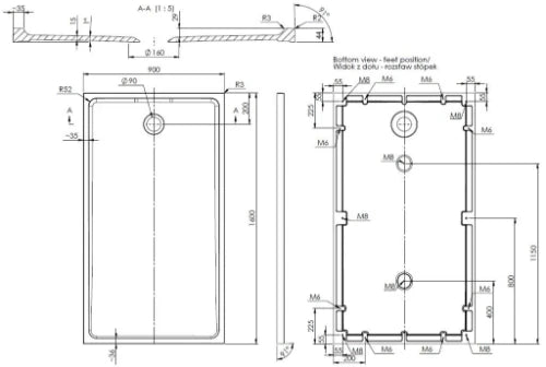 Procasa Heron 2.0 receveur de douche marbre artificiel 1600 x 900 x 44 mm - blanc