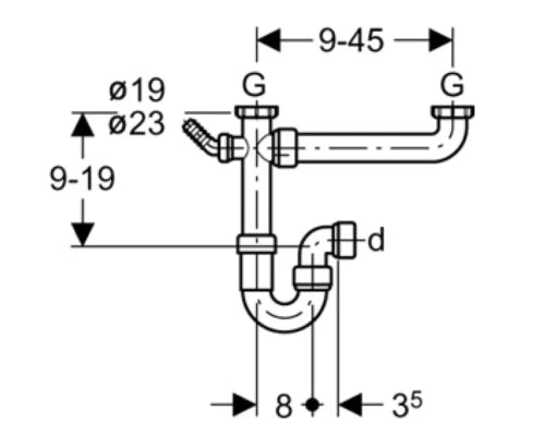 Geberit PP siphon tubulaire double6/4 x 40 mm - blanc - avec raccordement machine à laver - avec raccord à compression