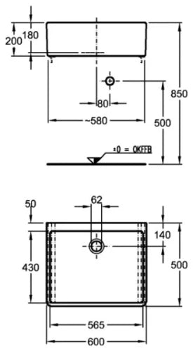 bac multi-usages geberit publica avec trou de trop-plein: b=60cm, h=20cm, t=50cm