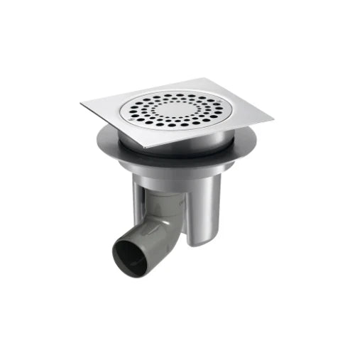 DELABIE Siphon sol dur 150x150 H. régl. sortie horizontale coude Ø50