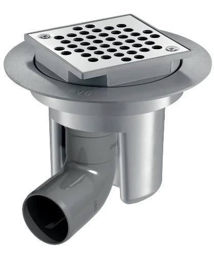 DELABIE Siphon sol dur 100x100 H. régl. sortie horizontale coude Ø50
