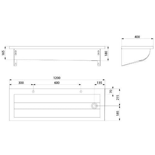 Delabie CANAL lavabo L.1200 2 trous de robinet Ø22 évacuation à droite inox 304 mat