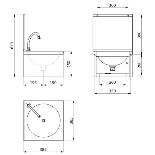 Delabie SXS lavabo avec dosseret et commande au genou 385 x 385 mm - RVS 304 mat - avec robinet à fermeture automatique - sans trop-plein