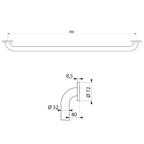 DELABIE greep RVS gepolijst  900mm - dia 32mm gepolijst