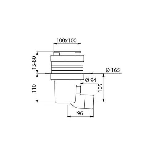 DELABIE Siphon sol dur 100x100 H. régl. sortie horizontale coude Ø50