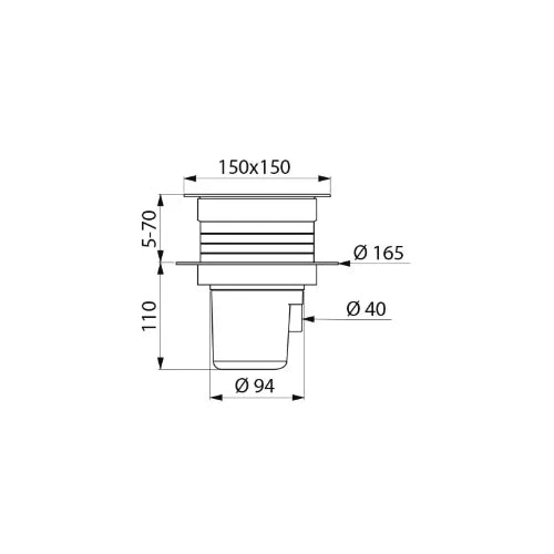 DELABIE Siphon sol dur 150x150 - H. régl. sortie intégrée Ø40
