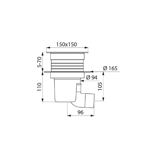 DELABIE Siphon sol dur 150x150 H. régl. sortie horizontale coude Ø50