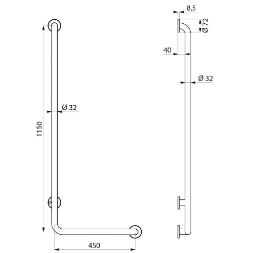 DELABIE L-vormige greep rechts gesatineerd 1150x450 - dia 32mm mat rvs