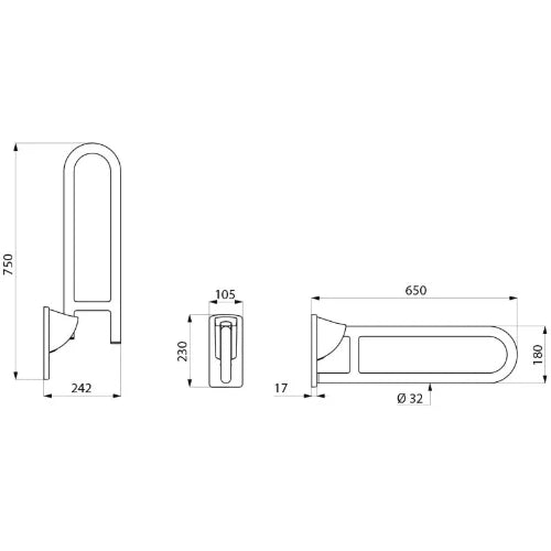 POIGNEE RELEVABLE DELABIE 650MM - 230MM ! 32 blanc nylon .