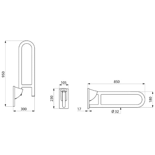 POIGNEE D'APPUI RELEVABLE DELABIE 850 - 180 ! 32 blanc nylon . Incl.fixation visible a RVS