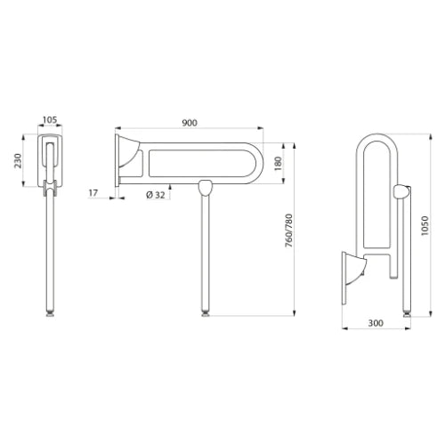 POIGNEE D'APPUI RELEVABLE DELABIE 900 - 105 o 230 ! 32 blanc nylon . avec béquille se repliant automatiquement