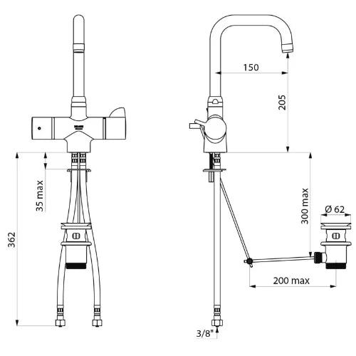 DELABIE Mit. lavabo SECURITHERM therm. à bec orientable H.205 L.150