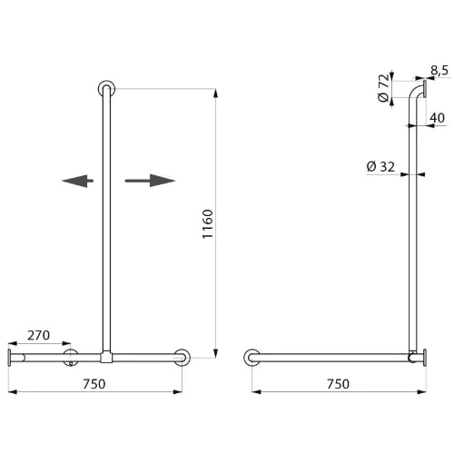 DELABIE Barre de douche + barre vert. coulissante Ø32 Inox brillant