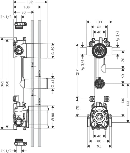 CORPS D'ENCASTREMENT AXOR CITTERIO E chromé module thermo - 2 systèmes et rob. arrêt