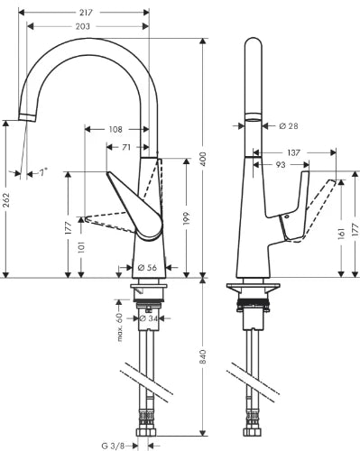 MELANGEUR DE CUISINE MONO-COMMANDE HANSGROHE TALIS S chromé comfortzone 260 monté a/la poignée à droite ou à gauche du corps