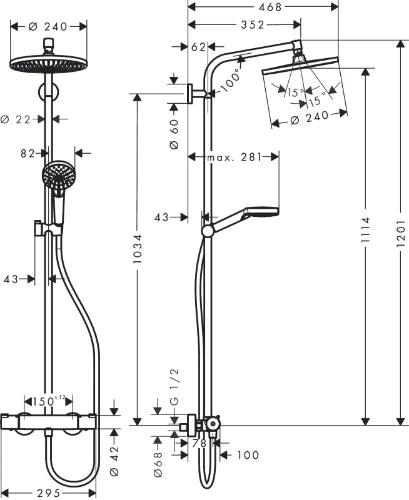 Hansgrohe Crometta Système de douche S 240 1jet ecoSmart Showerpipe - chromé - thermostat - douche de tête ronde 240 mm - douchette Crometta S Vario
