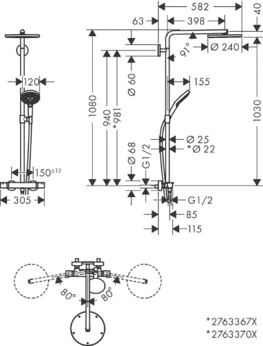 Hansgrohe Raindance Select S 240 1jet Showerpipe robinet thermostatique set de douche Powderrain - noir chromé brossé