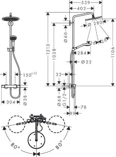 Hansgrohe Croma Select S 280 1jet Showerpipe - noir chromé brossé