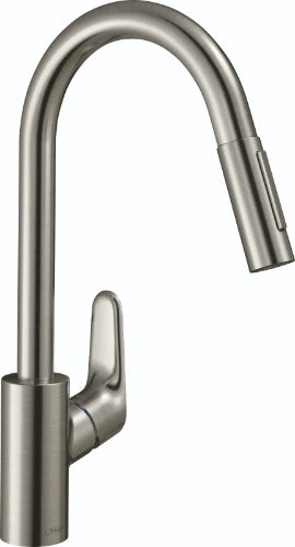Hansgrohe Focus mitigeur cuisine inox bec pivotant 150°, douchette extractible