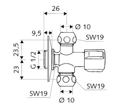 Schell Comfort robinet d'arrêt équerre 1/2 x 10 x 10 mm - chromé - avec raccordement double