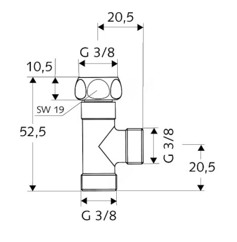 Schell té G 3/8 V X G 3/8 M X G 3/8 V DN10 chromé pour robinets de branchement et vannes avec écrou G3/8