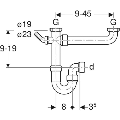 Geberit PP siphon tubulaire double6/4 x 40 mm - blanc - avec raccordement machine à laver - avec raccord à compression