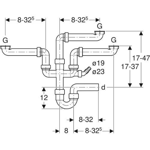 SIPHON GEBERIT 6/4 X 40 MM blanc polypropylene pour évier à 2 cuves et 1 déversoir