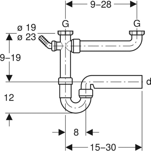 Geberit PP siphon tubulaire double6/4 x 40 mm - blanc - avec raccordement machine à laver - anneau réducteur 6/4 x 5/4
