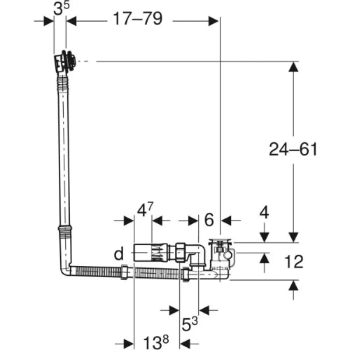 Geberit Uniflex évacuation baignoire avec actionnement rotatif, d52, longueur 79 cm, avec set de finition et tuyau de raccordement avec rotule orientable, principe du contre-courant: Chromé brillant, d=40/50mm